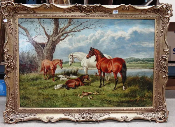 W. E. Turner (19th/20th century), Horses, foals and resting ducks, oil on canvas, indistinctly signed, 59cm x 90cm.