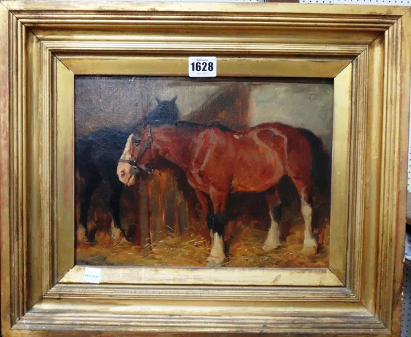 John Atkinson (1863-1924), Horses in stable interiors, a pair, oil on canvas, both signed and dated 1895, each 22cm x 30cm. (2)  Illustrated