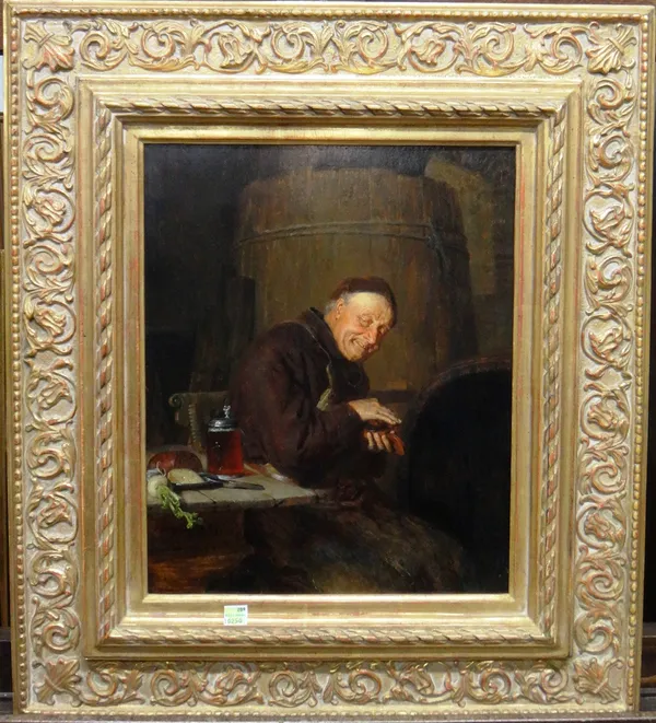 Eduard Von Grutzner (1846-1925), Monk in a brown habit in a cellar, oil on panel, signed, 35cm x 28.5cm.   Illustrated