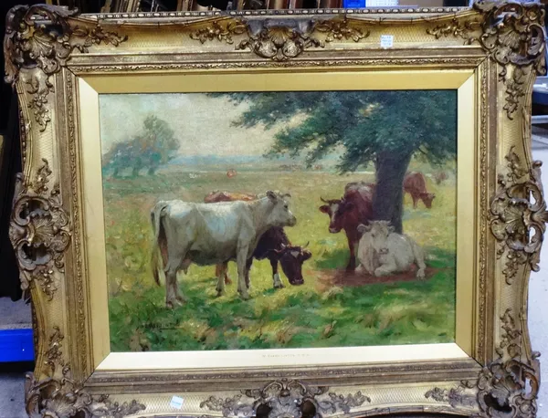 William Evans Linton (1878-?), Cattle in a meadow, a pair, oil on canvas, both signed, each 42cm x 57cm. (2)   Illustrated