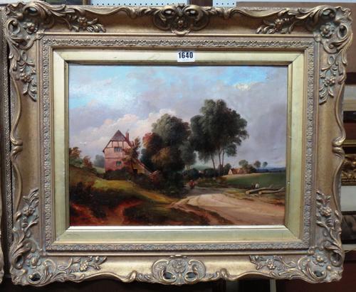 Richard Baigent (1828-1890), Feeding the hens; A country lane, a pair, oil on board, both signed and dated 1848, each 29cm x 39cm.(2)