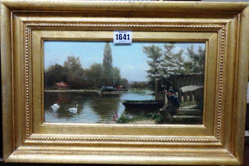 Edward J. Humphrey (fl.1872-1889), RIver scene with a boy on the riverbank, oil on board, signed, 15.5cm x 28cm.