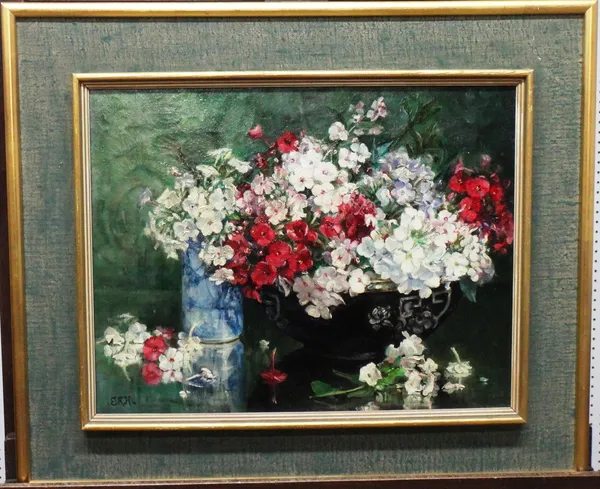 E. R. H. (c.1900), Still life of summer flowers, oil on canvas, signed with initials, 35cm x 45cm.