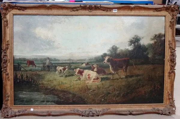 G. van Berg (19th century), Cattle and drover in a meadow, oil on canvas, signed and dated 1889, 74cm x 125cm.