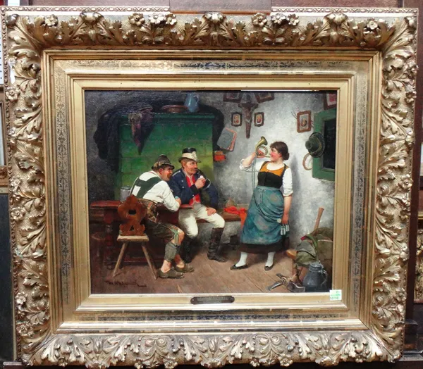 Maximilian Wachsmuth (19th century), The Postal Horn, oil on panel, signed, 32.5cm x 40cm.   Illustrated