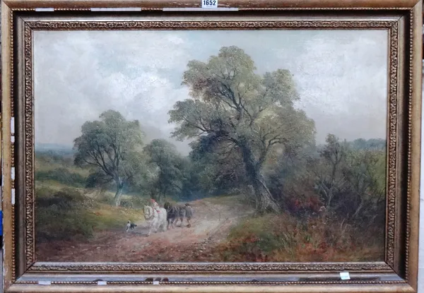 George Turner (1843-1910), Shire horses on a country lane, oil on canvas, signed, 50cm x 74cm.   Illustrated