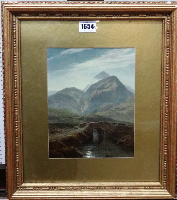Arthur GIlbert (1819-1895), A bridge over a mountain stream, oil on board, signed, 22cm x 17cm.