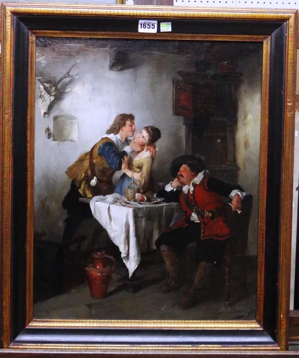 Gustav Majer (1847-1900), The stolen kiss, oil on canvas, signed and dated 1875, 51.5cm x 42cm.