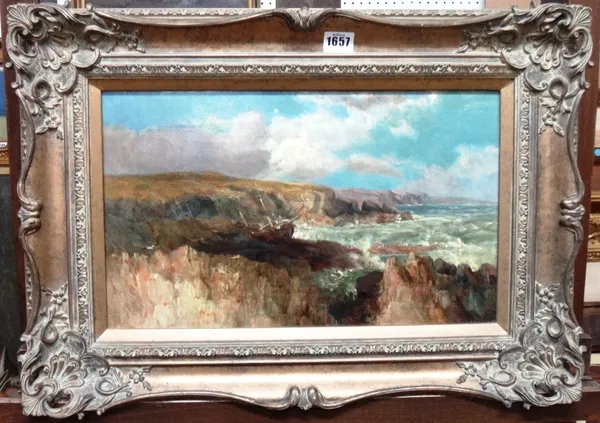 English School (19th century), Coastal scene with a wreck on the rocks, oil on canvas, 26cm x 43cm.
