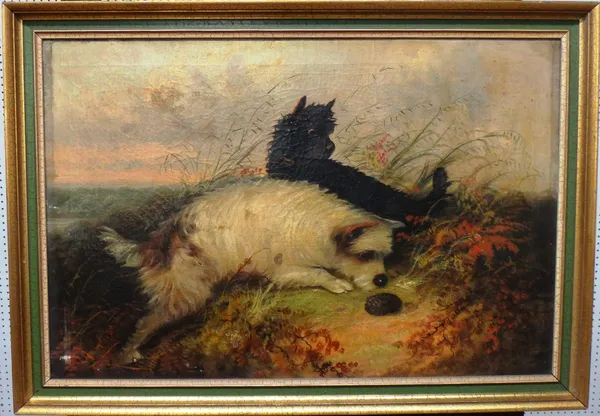 L. Langlois (19th century), Terriers cornering a hedgehog, oil on canvas, signed, 50cm x 75cm.