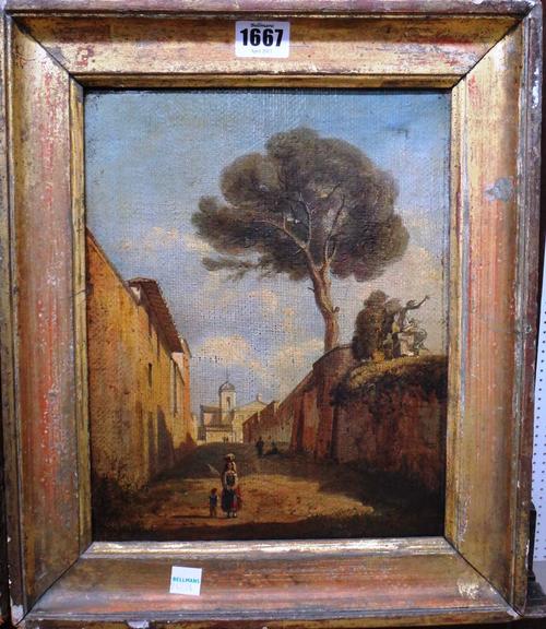 Italian School (c.1800), Street scene; Island church, two, oil on canvas, the larger 22cm x 29cm.(2)