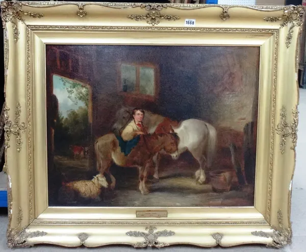 Circle of William Shayer, In the stable, oil on canvas, bears a signature, 52cm x 67cm.
