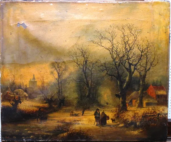 Dutch School (19th century), Figures in a winter landscape, oil on canvas, unframed, 36cm x 44cm.