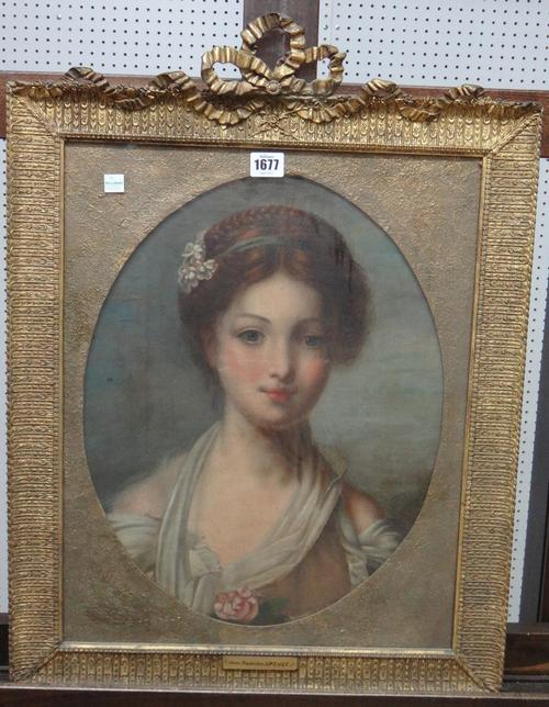 After Jean Baptiste Greuze, detail from 'The broken Pitcher', oil on canvas, laid down, oval, 44cm x 34cm.