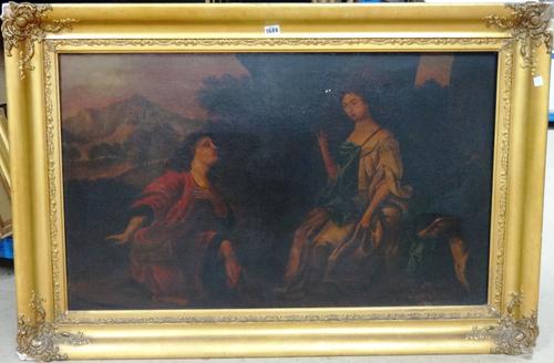 Early 18th century school in the manner of Gerard Lanscroon, A suitor kneeling before a queen, oil on canvas, 57cm x 96cm.