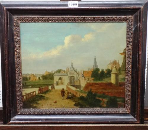 After Jan van der Heyden, The St Anthonispoort, oil on panel, bears inscriptions on label on reverse, 31cm x 35cm.