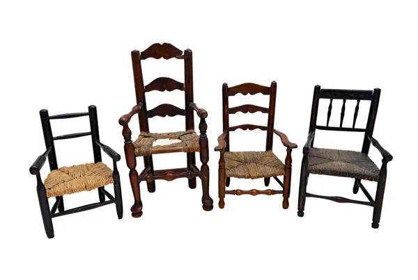 Two 19th century miniature/tradesman's sample single chairs of Lancashire ladder back construction, 27cm and 37cm high, together with two other simila