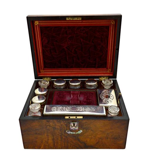 A Victorian figured walnut mother-of-pearl inlaid dome top vanity box, with fitted interior, 31cm wide x 23cm deep.   Illustrated