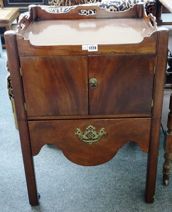 A mid-18th century mahogany tray top night stand, with cupboards over drawer, 53cm wide x 46cm deep.