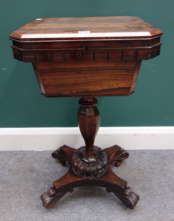 A William IV rosewood teapoy, on octagonal baluster column and quatrefoil platform, 44cm wide x 36cm deep.