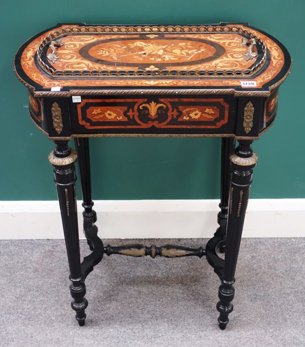 A Victorian gilt metal mounted marquetry inlaid and ebonised amboyna jardiniere, on tapering fluted supports, 65cm x 37cm.