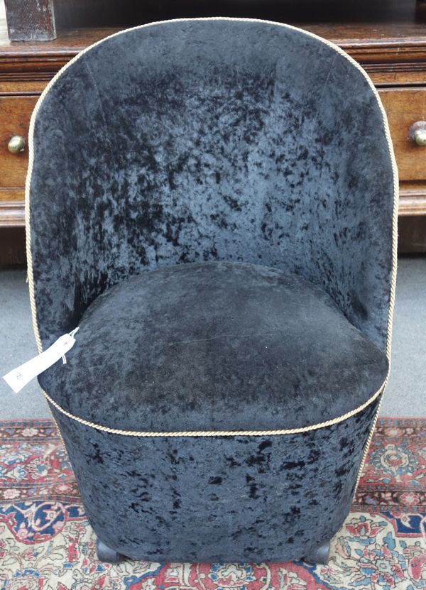 Peter Stringfellow's, Angels Club; a set of four black upholstered tub back chairs with gold rope twist piping, each 60cm wide x 86cm high. Sold with