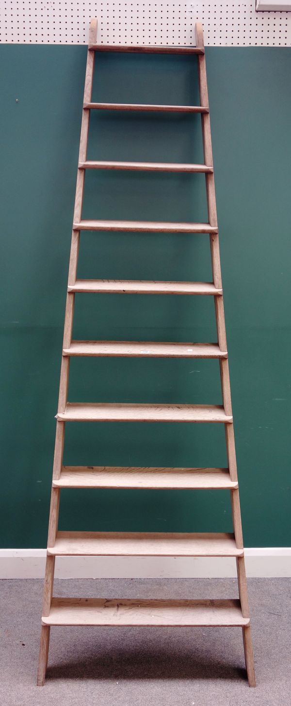 A bleached oak tapering ten rung stepladder, 80cm wide at base x 267cm high.