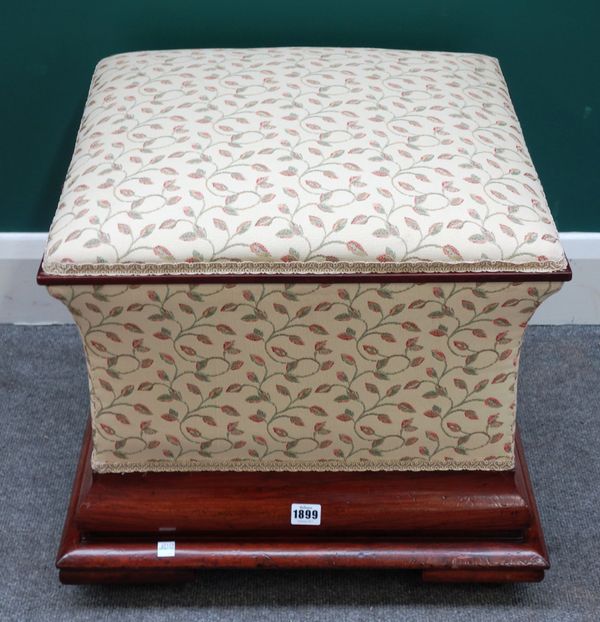 A Victorian mahogany framed pouffe of lozenge form, on stepped base, 54cm wide x 50cm high.