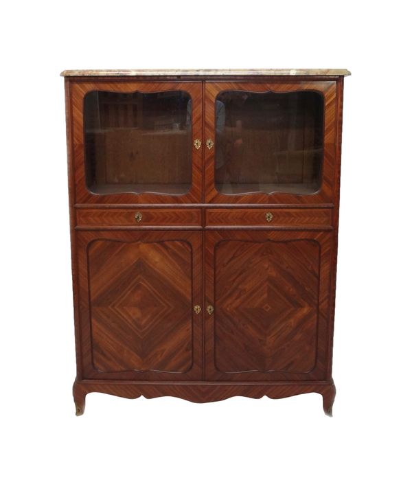 An early 19th century French kingwood side cabinet, the Breche d'Alep marble top over a pair of glazed cupboards, two short drawers and two further cu