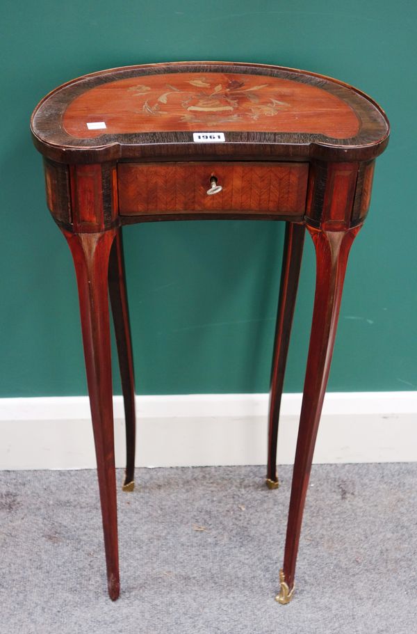 A Louis XV style French gilt metal mounted marquetry inlaid single drawer kidney shape occasional table, with sprung side compartments, 38cm wide x 71