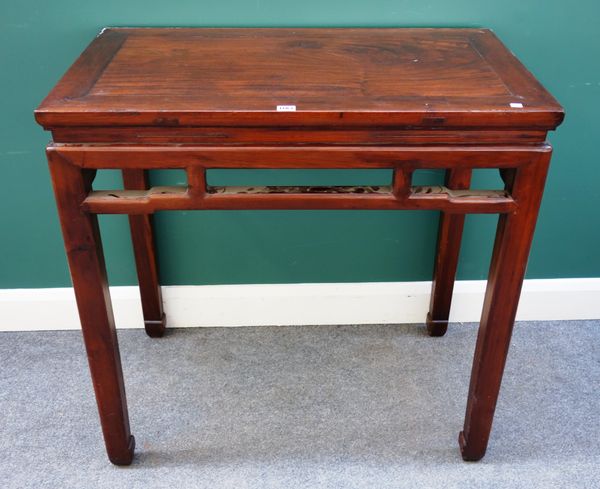 A late 19th century Chinese hardwood rectangular altar table, with pierced frieze, on block supports, 90cm wide x 52cm deep.