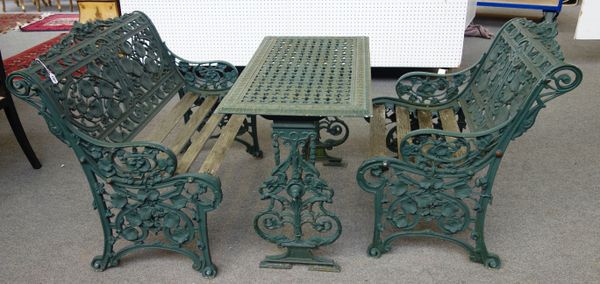 A suite of 20th century garden furniture in the Coalbrookdale Nasturtium pattern, to comprise; a bench (93cm wide x 84cm high), an armchair (64cm wide