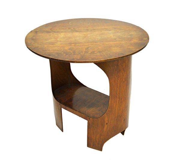 In the manner of Gerald Summer or Isokon, 20th century design; a small laminated wood drop flap table with rounded ends, 56cm wide x 24cm long x 56cm