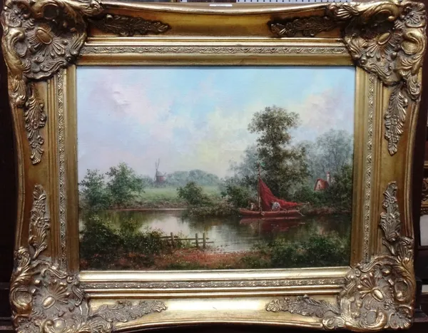 Peter Duffield (20th century), River scene with boat, oil on canvas, signed, 30cm x 40cm. A7