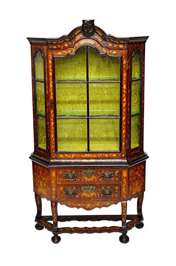 A 19th century marquetry inlaid Dutch walnut display cabinet chest, with glazed door over pair of drawers, on shaped stand, 107cm wide x 177cm high.