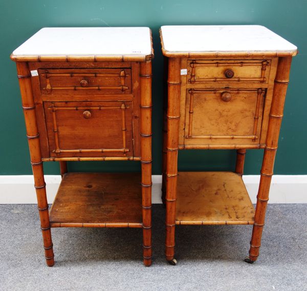 A near pair of late 19th century French marble top fruitwood and pine faux bamboo decorated bedside tables, each 40cm wide x 82cm high (2).