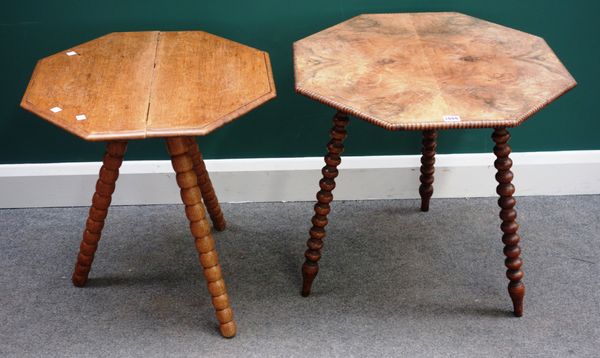 A Victorian walnut octagonal Gypsy table, with quarter veneered top on bobbin turned legs, 66cm wide x 61cm high; and another oak Gypsy table, 60cm wi