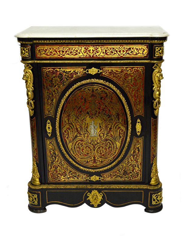 A 19th century French pier cabinet, with marble top over a gilt metal mounted ebonised base, with single boulle work door, 85cm wide x 107cm high.   I