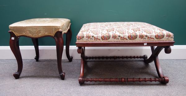 A Victorian rosewood framed square stool on cabriole legs and scroll feet, 41cm wide x 44cm high; and a Victorian rosewood framed rectangular stool, o