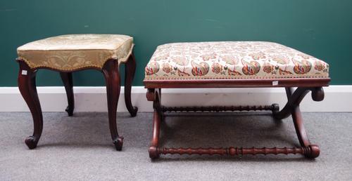 A Victorian rosewood framed square stool on cabriole legs and scroll feet, 41cm wide x 44cm high; and a Victorian rosewood framed rectangular stool, o