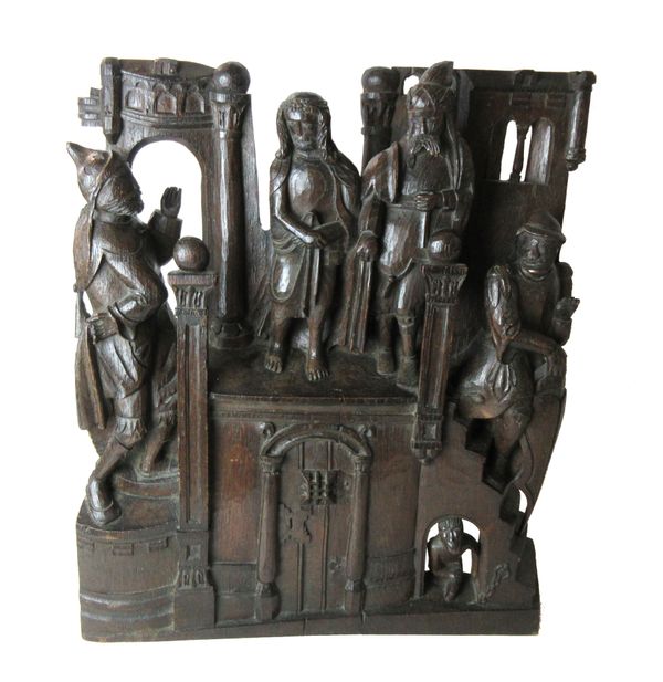 An 18th century relief oak carving of Jesus and Pontius Pilate, 42cm wide x 49cm high.