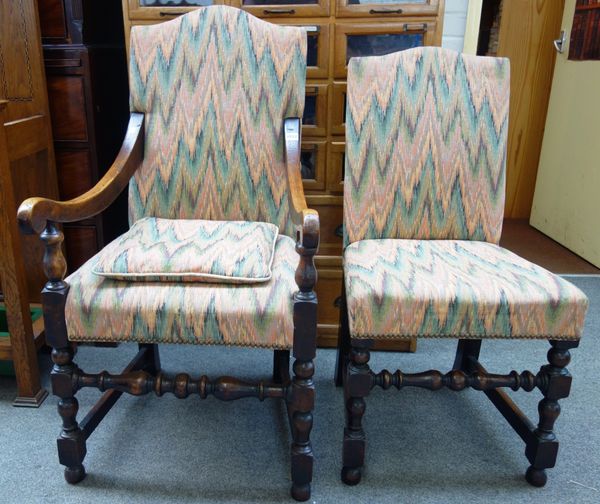 A set of eight 17th century oak framed dining chairs, each with hump back on block and turned supports, to include a pair of carvers (8).