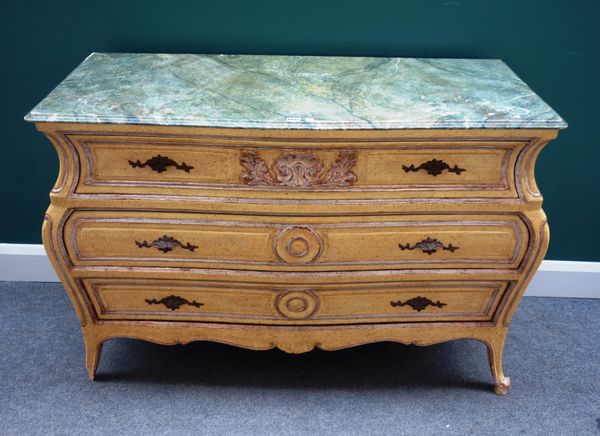 An 18th century Italian style commode, with faux painted marble top over a painted bombe three drawer base, 125cm wide x 55cm deep.