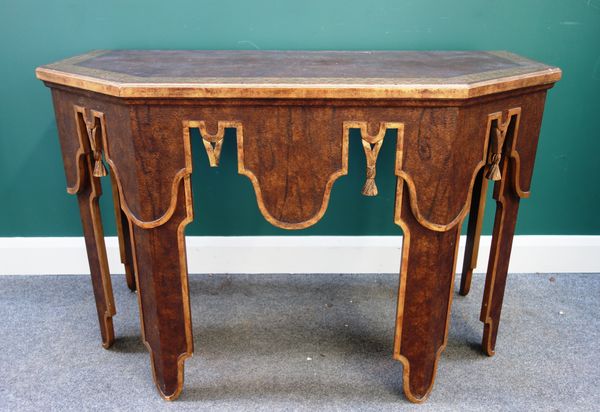 A pair of 18th century North Italian style polychrome painted and gilt highlighted console tables, with tassel tied arch decoration, each 124cm wide x