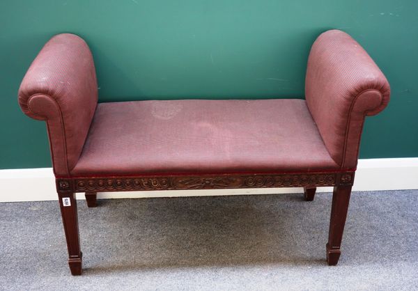 A mid-18th century style mahogany window seat, with roll over ends and carved frieze, on square supports, 110cm wide x 47cm deep.