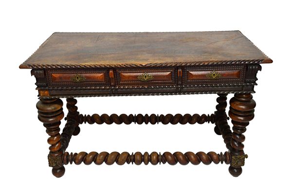 A 19th century Portuguese solid walnut and rosewood gilt metal mounted centre table, with three frieze drawers and dummy verso, on bulbous turned supp