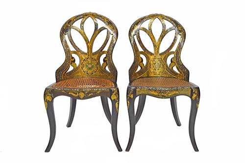 Bettridge & Co; a pair of Victorian mother-of-pearl inlaid black lacquer papier mache tub back single chairs, with serpentine seats, each 45cm wide x