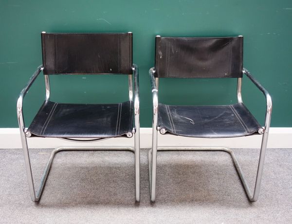 Peter Stringfellow's, Angels Club; after Mart Stam 1899-1986, a set of four 20th century black leather and crone open armchairs, each 55cm wide x 75cm