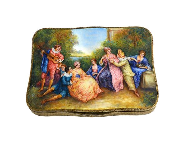 A silver gilt and enamelled shaped rectangular case, the hinged lid decorated with a group of figures in a garden setting enjoying music, gilt within,