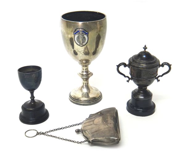 Silver, comprising; a trophy cup with an enamelled badge, detailed Civil Service Athletic Association, height 17.5cm, Birmingham 1925, a small trophy